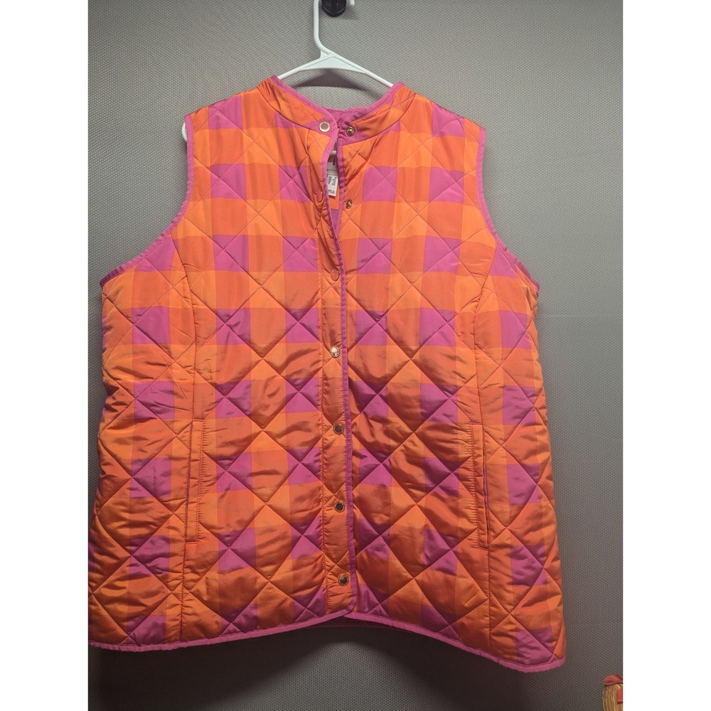 Isaac Mizrahi Live Quilted Vest Orange Pink Checkered Snap Front Pockets 1X